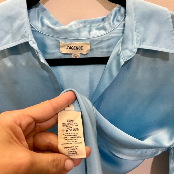 L'Agence Dani Silk Satin 3/4-Sleeve Button-Down Blouse Light Aqua XSmall - Picture 11 of 14